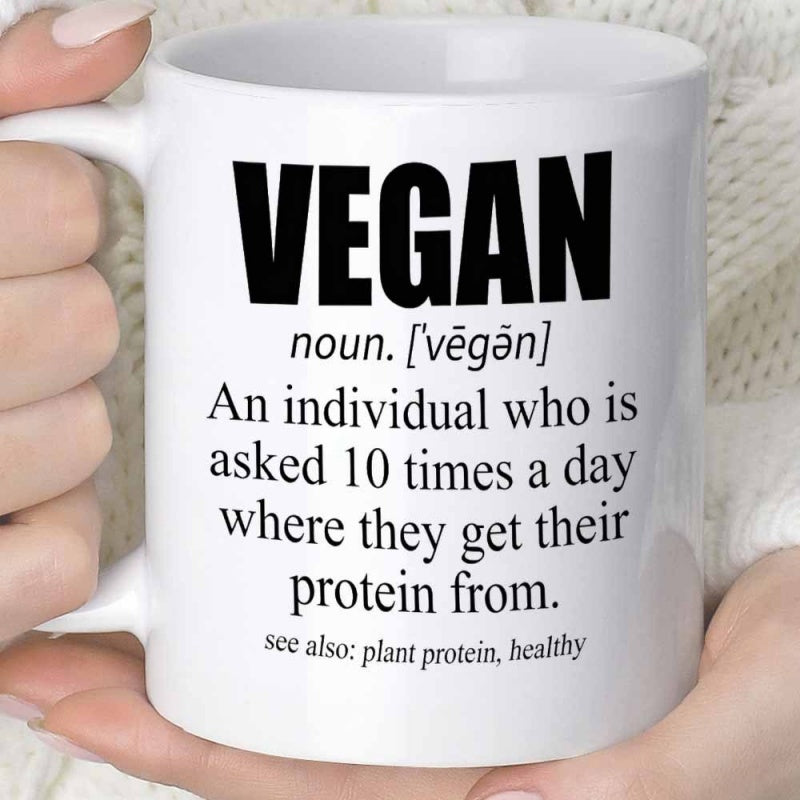 Tailorly White Ceramic 11 oz Mug - Vegan Protein Definition Simple Clean Typography Design Featuring Bold Black Lettering And Lines Art