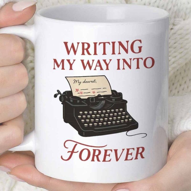 Tailorly White Ceramic 11 oz Mug - Writing My Way Into Forever Vintage Black Mechanical Device With Paper And Elegant Keys Typewriter