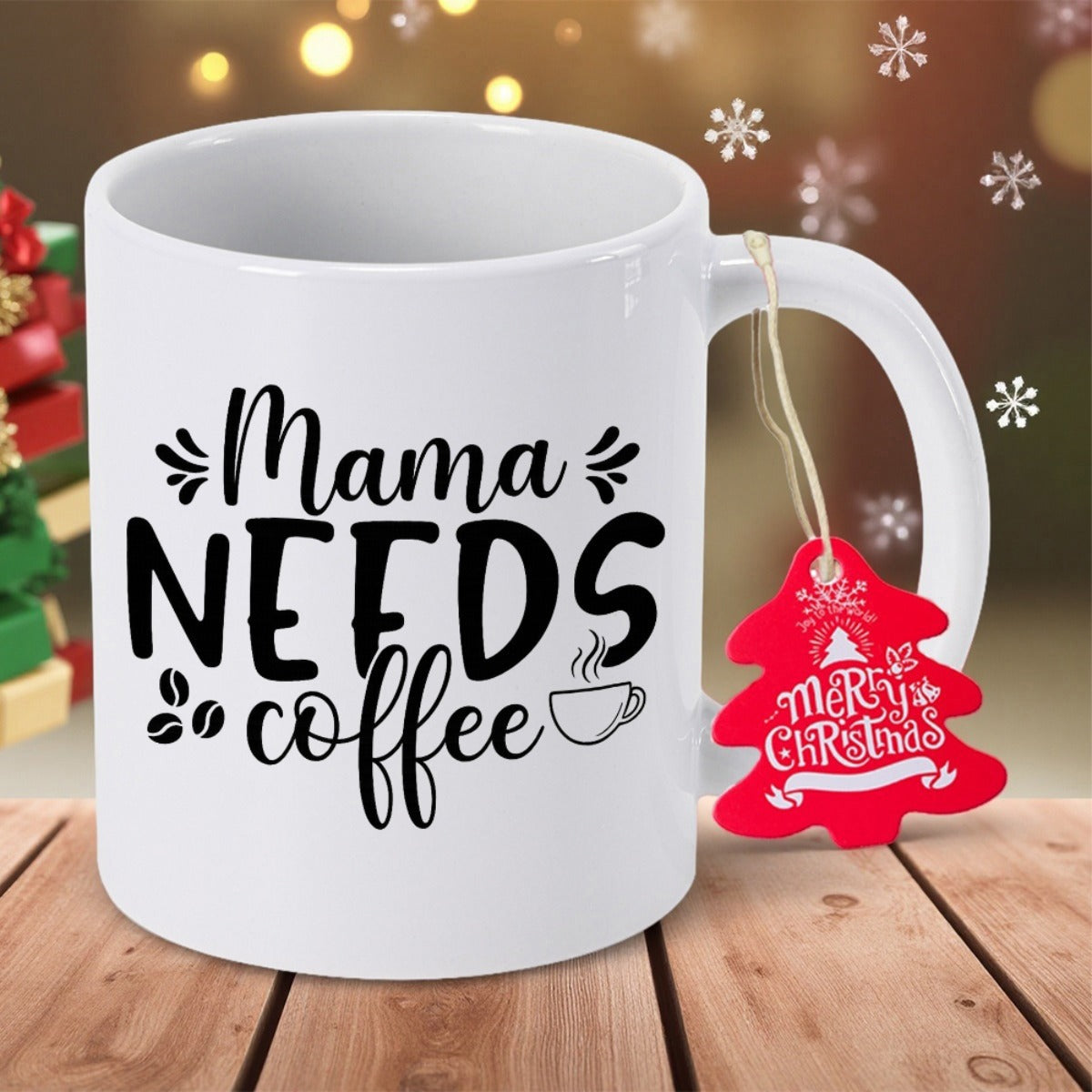 Tailorly White Ceramic 11 oz Mug - Mama Needs Coffee Elegant Black Typography With Stylized Coffee Bean Icons Mug