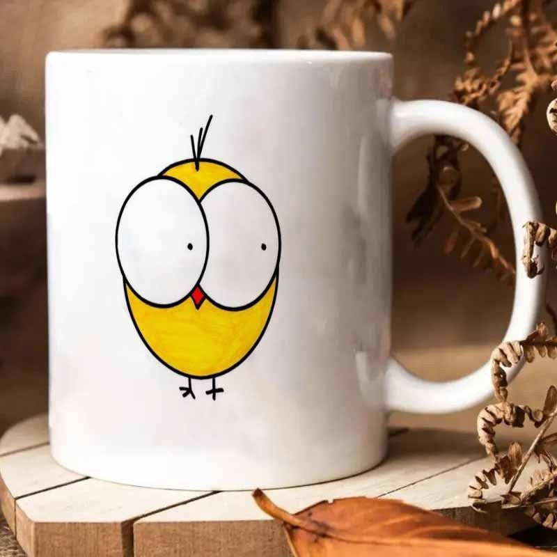 Tailorly White Ceramic 11 oz Mug - Simple Minimalist Illustration Of Funny Yellow Cartoon Bird With Huge Round Eyes Bird