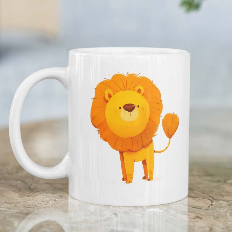 Tailorly White Ceramic 11 oz Mug - Cute Cartoon Style Animal Standing On Four Legs With Orange Mane Lion