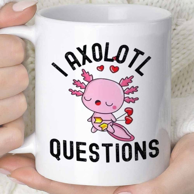Tailorly White Ceramic 11 oz Mug - I Axolotl Questions Cute Pink Cartoon Creature Surrounded By Little Red Floating Hearts Axolotl