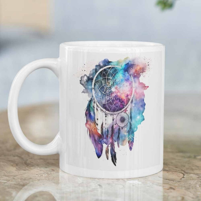 Tailorly White Ceramic 11 oz Mug - Vibrant Watercolor Galaxy Nebula Splatter Pattern With Hanging Feathers Dreamcatcher
