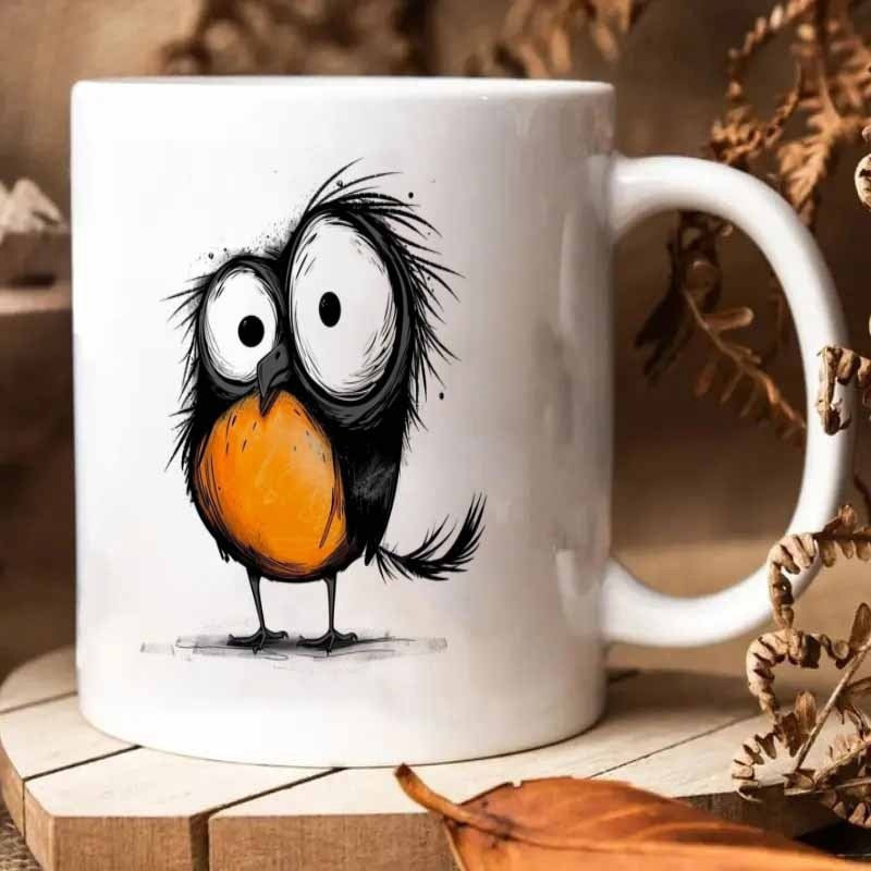 Tailorly White Ceramic 11 oz Mug - Quirky Hand Drawn Illustration With Messy Black Feathers And Orange Belly Bird