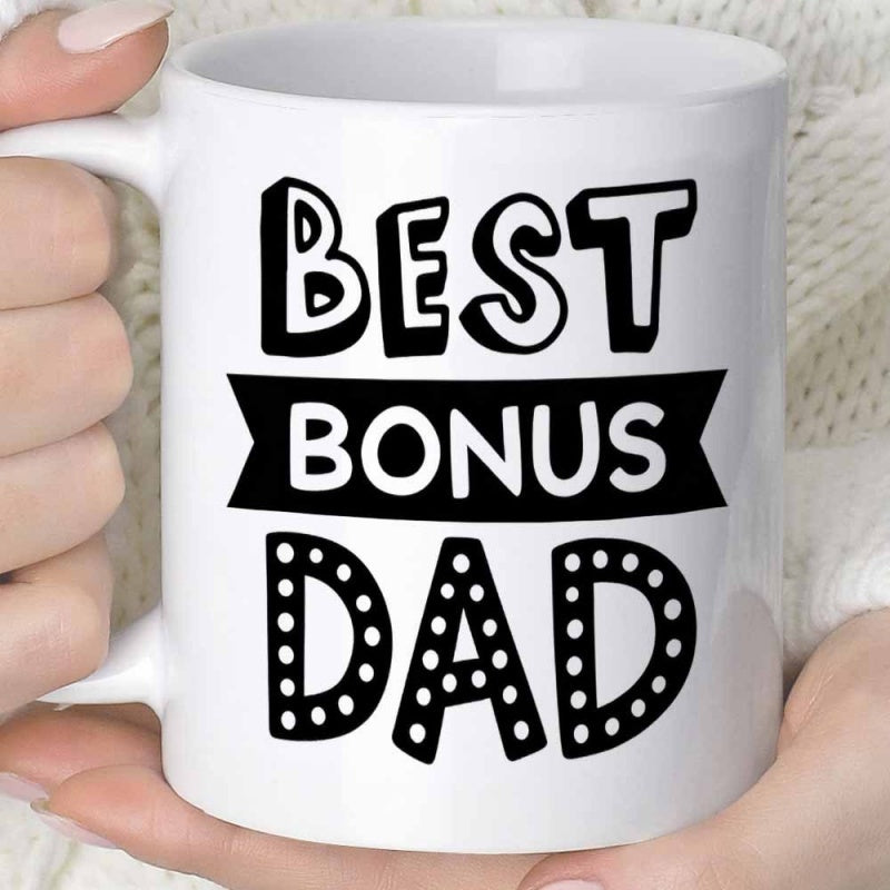 Tailorly White Ceramic 11 oz Mug - Best Bonus Dad Bold Stylish Decorative Letters With Black Ribbon And Marquee Dotted Typography