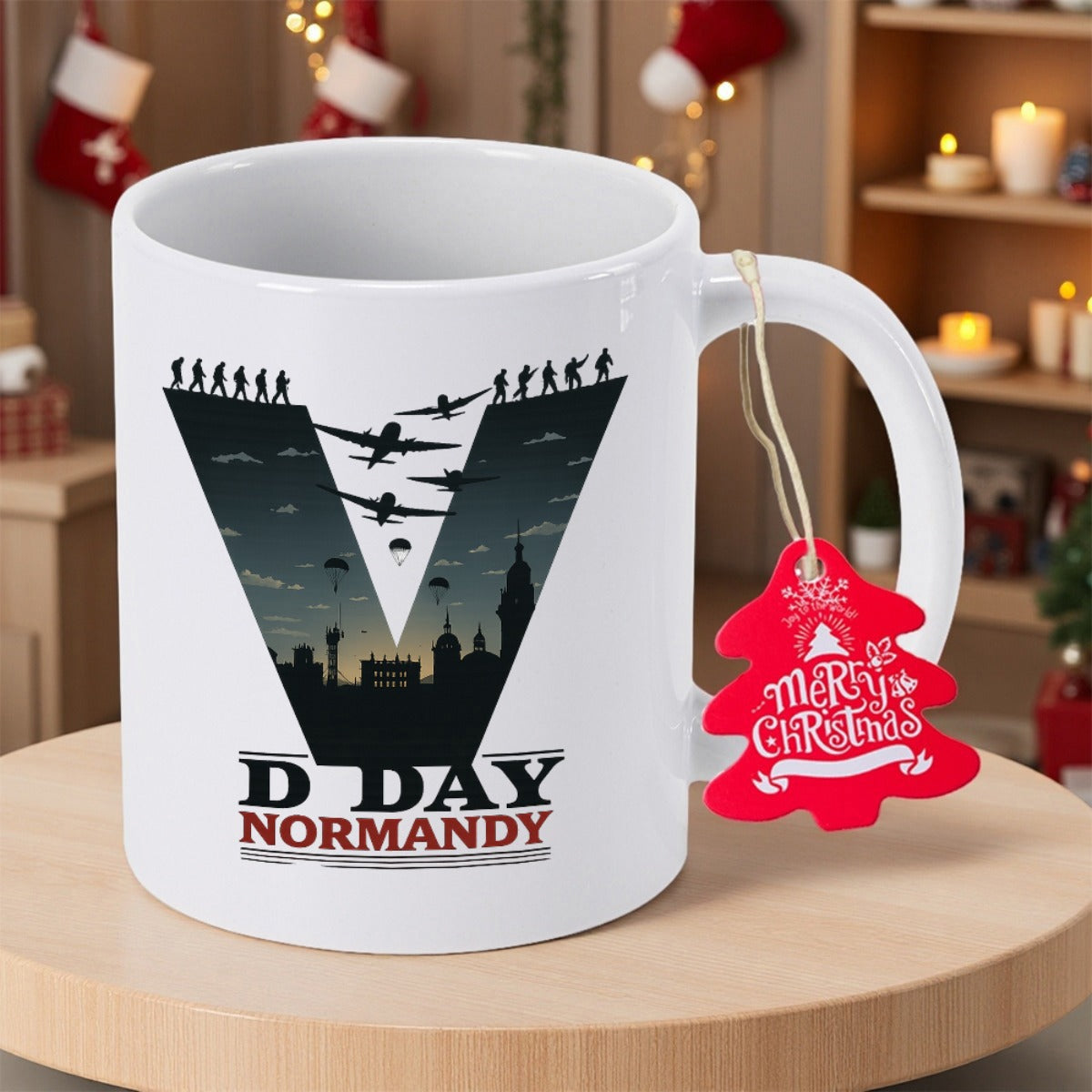 Tailorly White Ceramic 11 oz Mug - D Day Normandy Historic Military Silhouette With Flying Airplanes Over Silhouetted Soldiers V