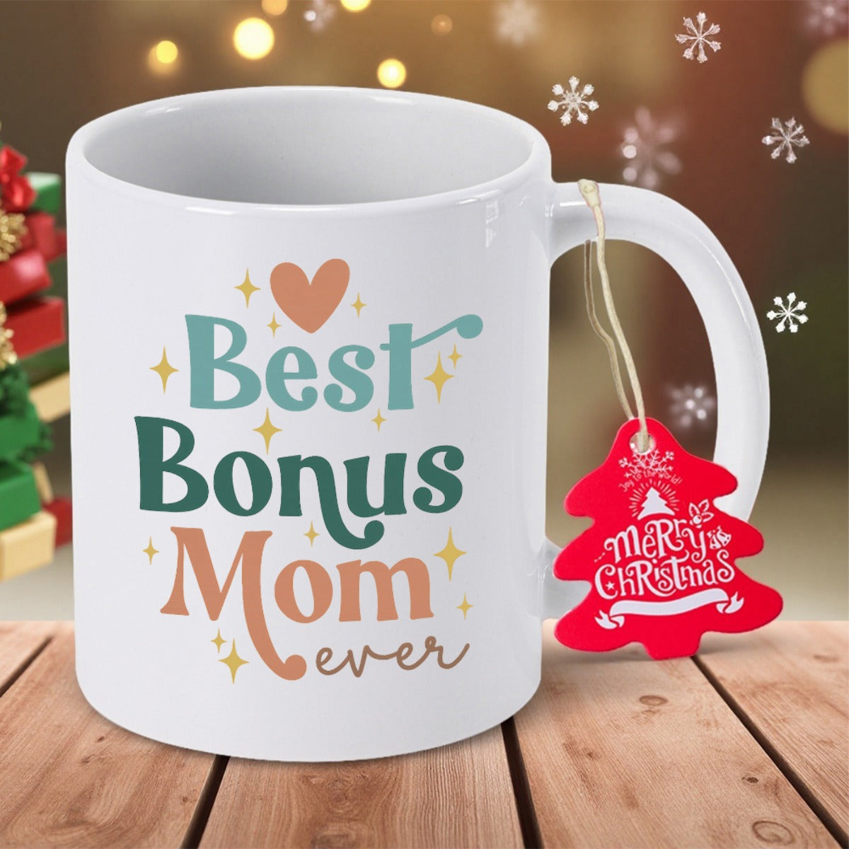 Tailorly White Ceramic 11 oz Mug - Best Bonus Mom Ever Muted Tones Heart Surrounded By Small Golden Twinkling Sparkle Elements Mug