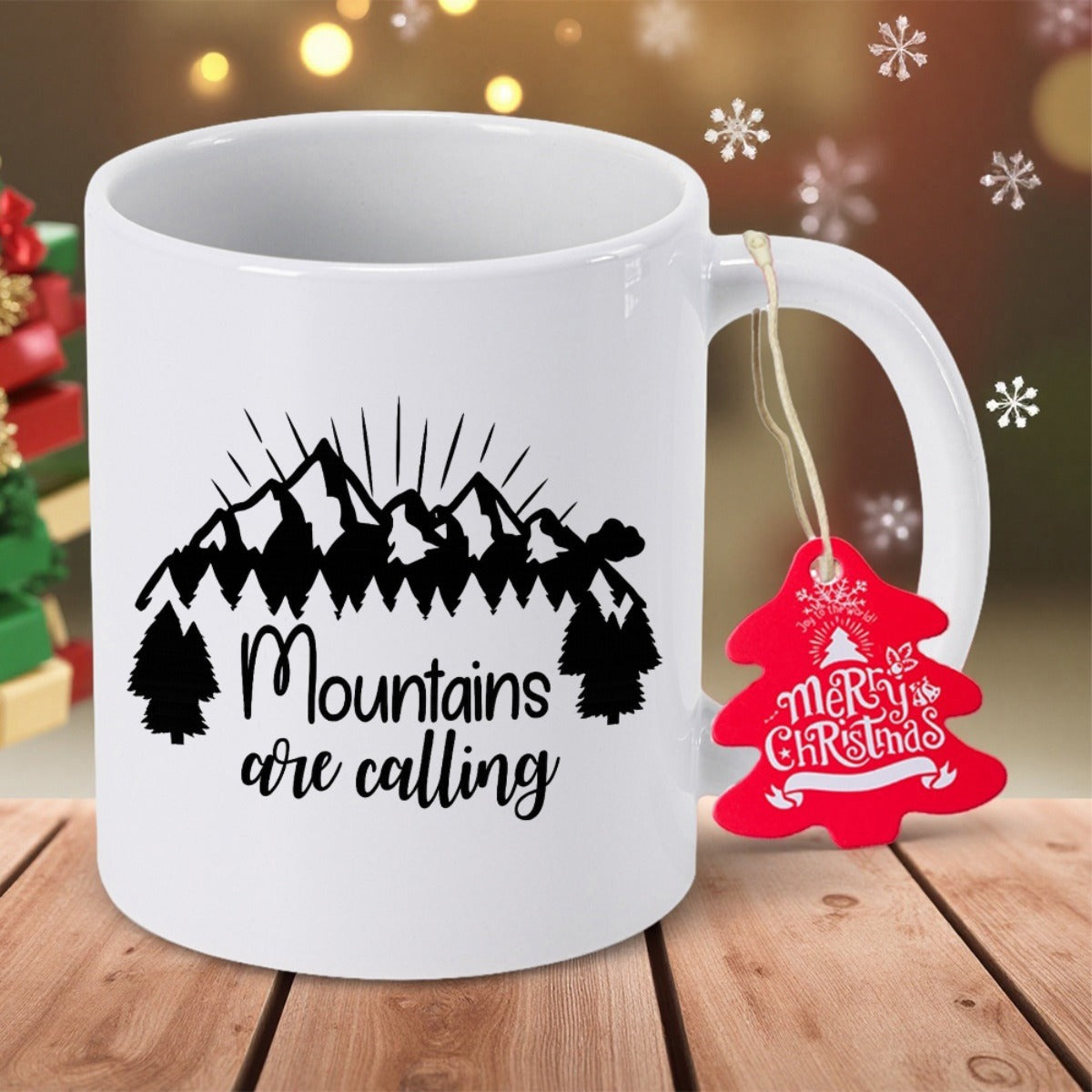 Tailorly White Ceramic 11 oz Mug - Mountains Are Calling Majestic Black Silhouette Peaks Surrounded By Sharp Evergreen Pine Trees Mountain