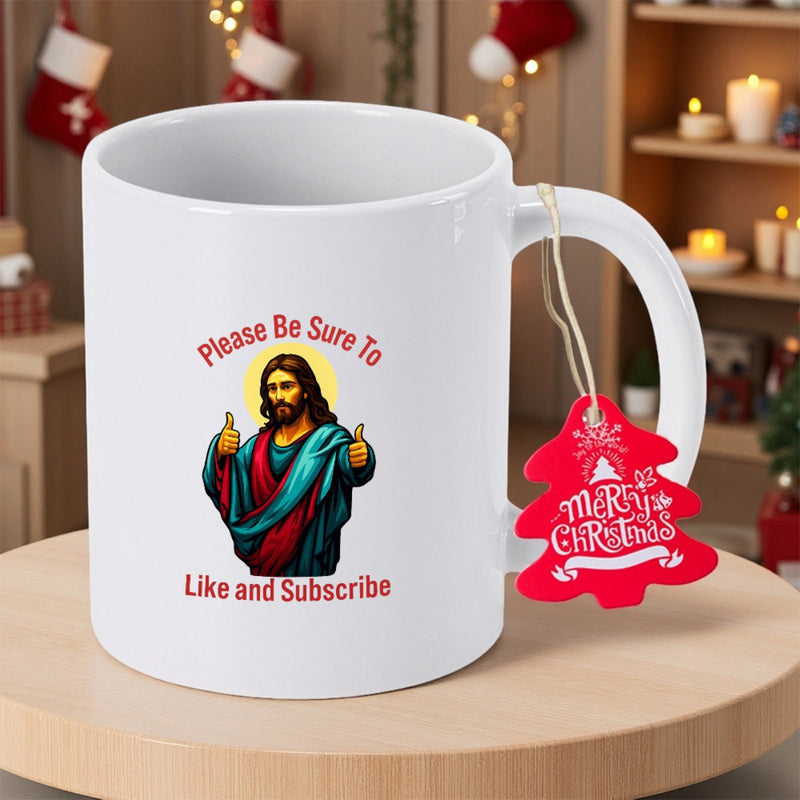 Tailorly White Ceramic 11 oz Mug - Please Be Sure To Like And Subscribe Modern Religious Figure Giving Thumbs Up With Vibrant Robes Under Halo Jesus