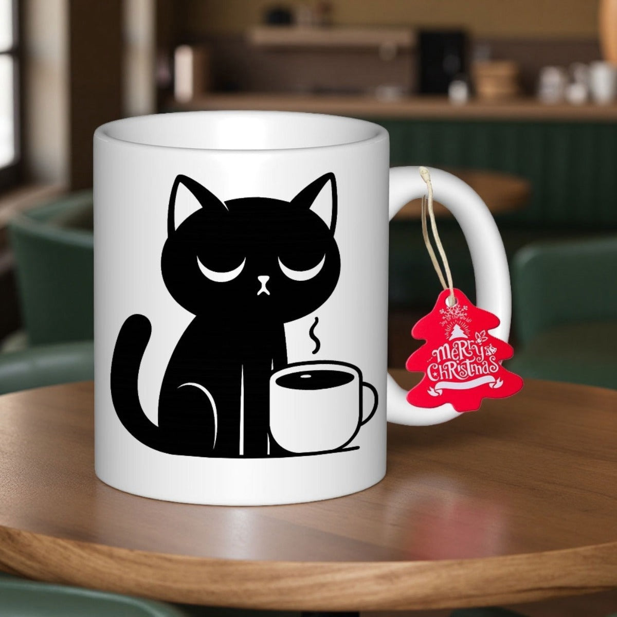 Tailorly White Ceramic 11 oz Mug - Merry Christmas Minimalist Black Feline Sitting Beside A Steaming White Hot Coffee Cat