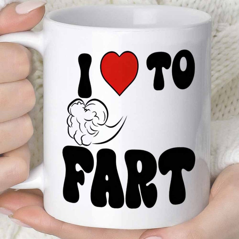 Tailorly White Ceramic 11 oz Mug - I To Fart Retro Style Bold Lettering Featuring A Red Heart And Smoke Puff Heart