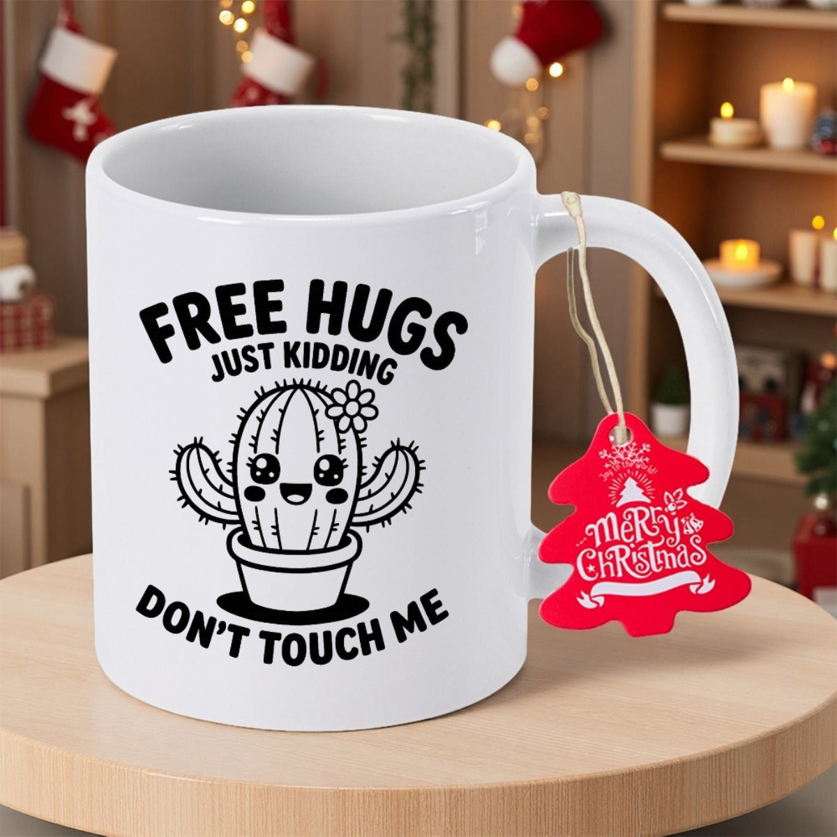 Tailorly White Ceramic 11 oz Mug - Free Hugs Just Kidding Don't Touch Me Smiling Potted Desert Plant With Delicate Flower Decorative Linear Cactus