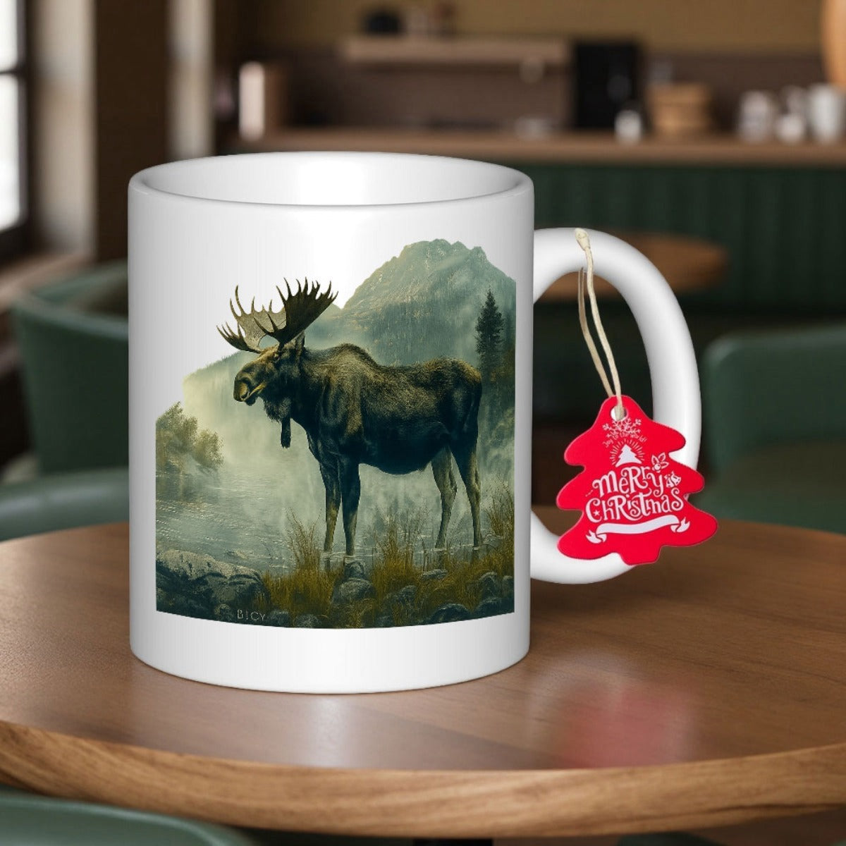 Tailorly White Ceramic 11 oz Mug - Merry Christmas Majestic Wild Animal Standing In Misty Morning Forest Moose