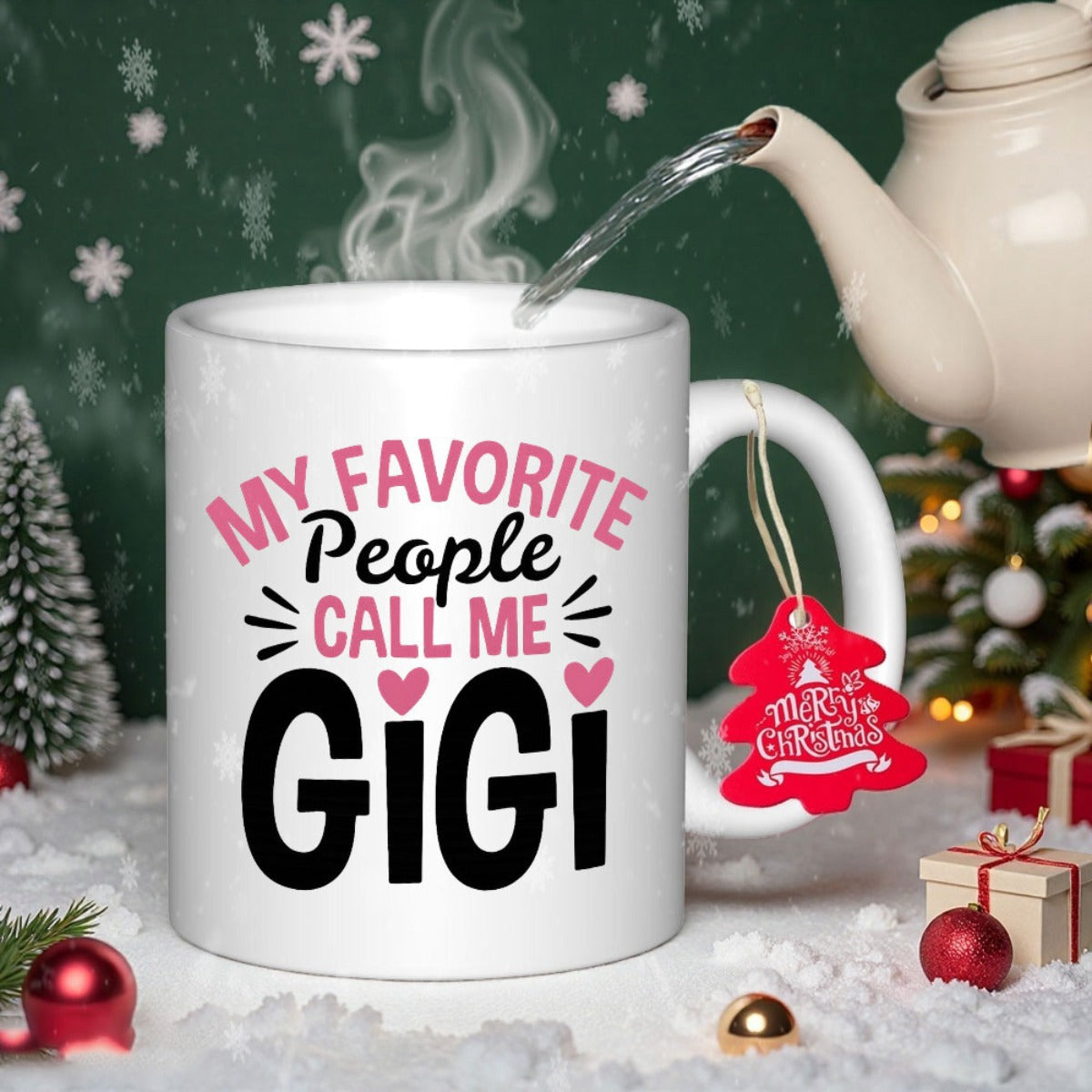 Tailorly White Ceramic 11 oz Mug - My Favorite People Call Me Gigi Festive Script Typography With Charming Pink Heart Details Mug