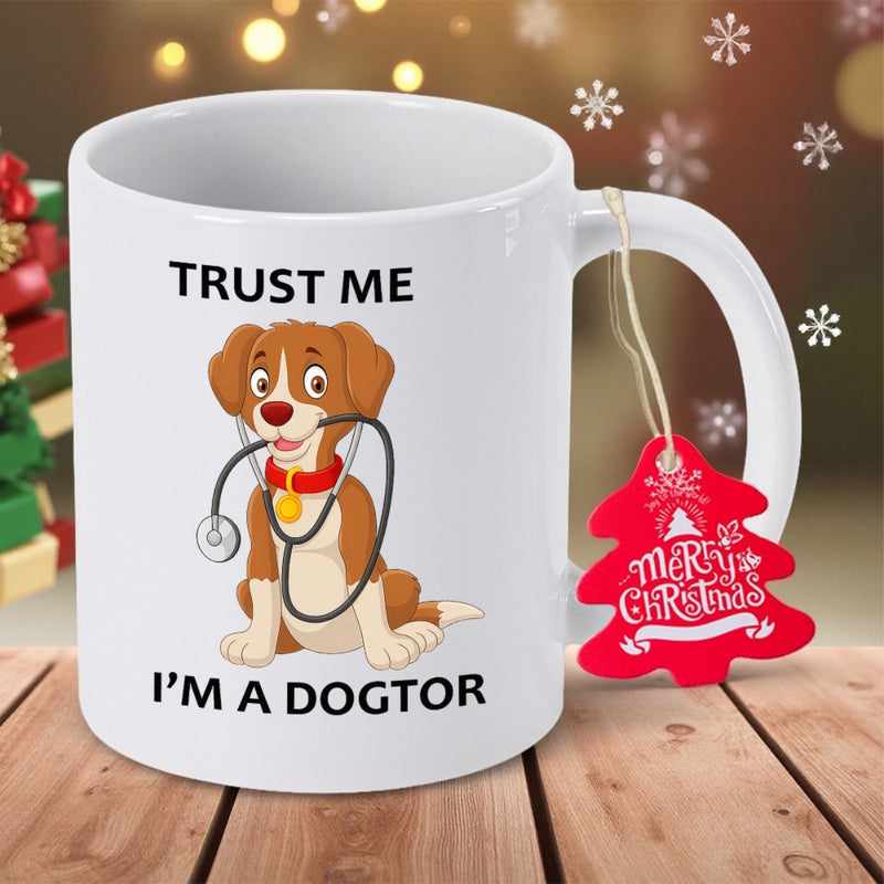 Tailorly White Ceramic 11 oz Mug - Trust Me I'm A Dogtor Cute Brown Puppy Wearing Medical Stethoscope Sitting In Patient Pose Dog