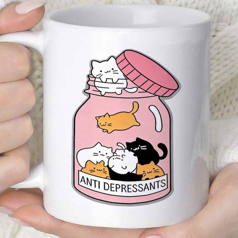Tailorly White Ceramic 11 oz Mug - Anti Depressants Adorable Tiny Kittens Resting Inside A Pastel Pink Pill Jar