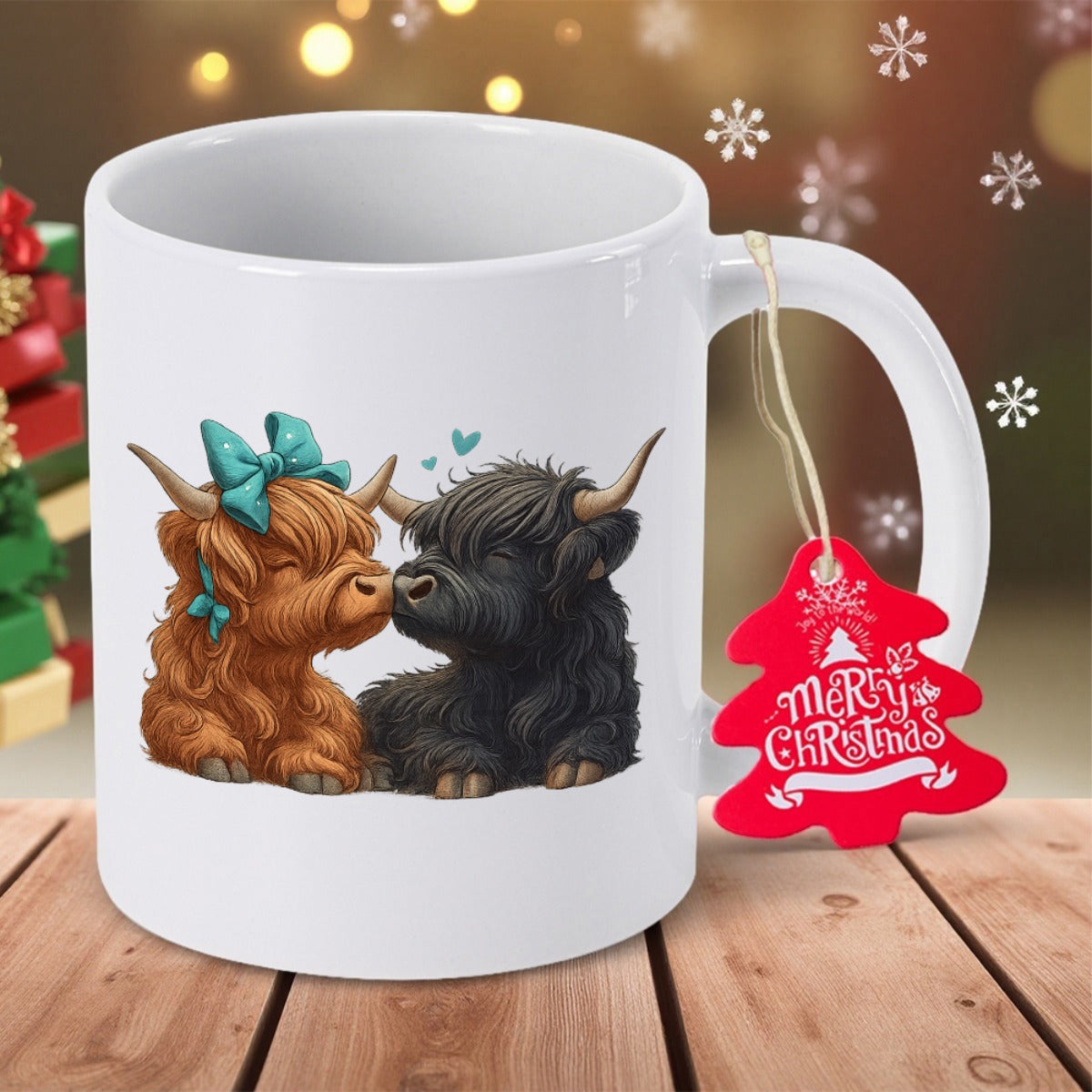 Tailorly White Ceramic 11 oz Mug - Merry Christmas Two Adorable Fluffy Highland Cows Sharing A Sweet Kissing Moment Cow