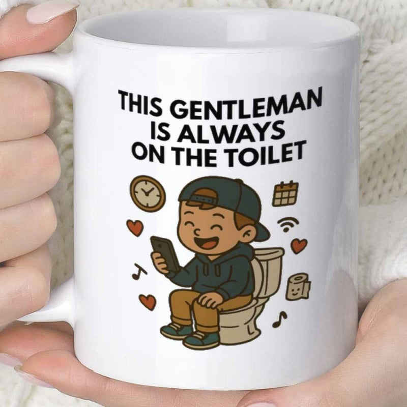 Tailorly White Ceramic 11 oz Mug - This Gentleman Is Always On The Toilet Cheerful Cartoon Boy Sitting On Toilet Holding Phone Among Whimsical Symbols Boy