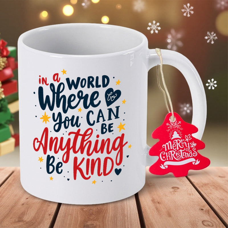 Tailorly White Ceramic 11 oz Mug - In A World Where You Can Be Anything Be Kind Merry Christmas Polished Featuring Colorful Stars And Hearts Mug