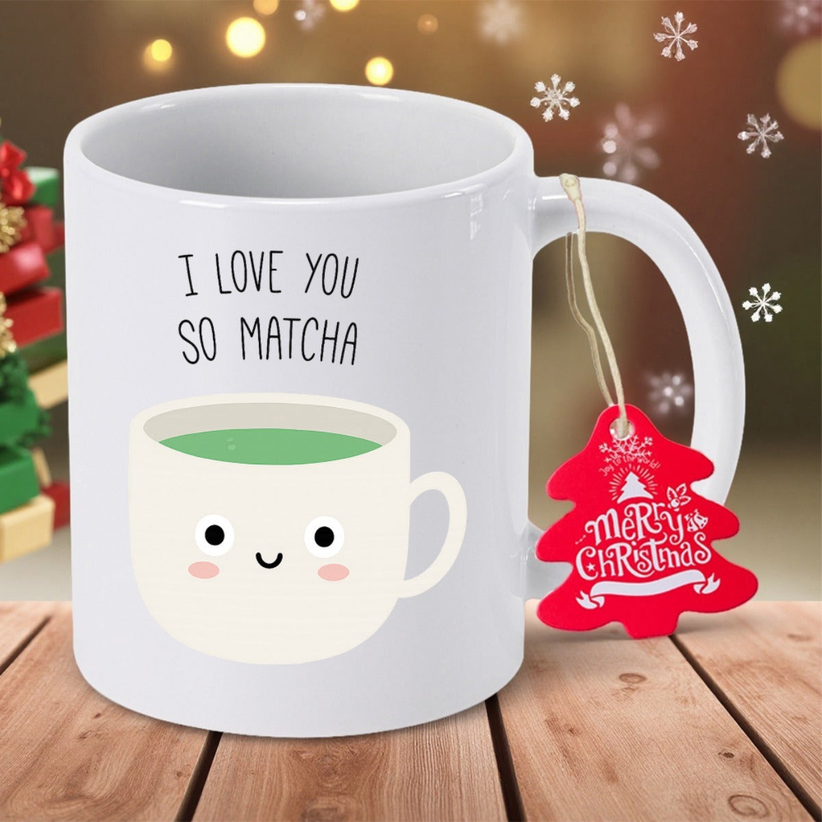 Tailorly White Ceramic 11 oz Mug - I Love You So Matcha Cute Kawaii Style Cup With Smiling Face And Green Tea Interior Mug