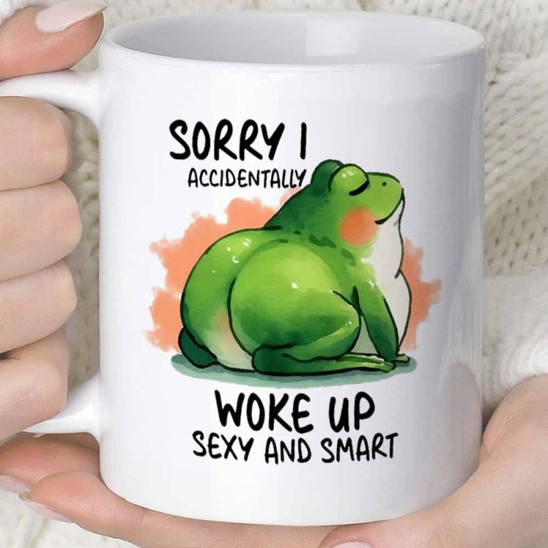 Tailorly White Ceramic 11 oz Mug - Sorry I Accidentally Woke Up Sexy And Smart Chubby Green Cartoon Sitting With Humorous Pose And Watercolor Splash Frog