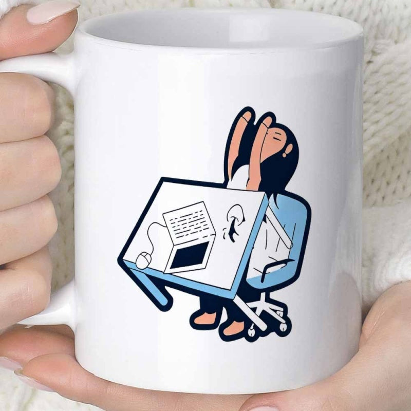 Tailorly White Ceramic 11 oz Mug - Minimalist Cartoon Design Featuring Tired Person Stretching At Small Office Desk Illustration