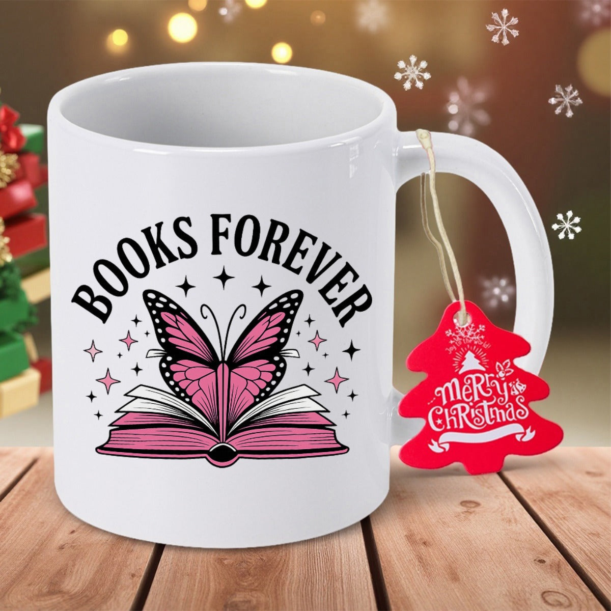 Tailorly White Ceramic 11 oz Mug - Books Forever Graceful Pink Wings Emerging From An Open Book Among Magic Stars Butterfly
