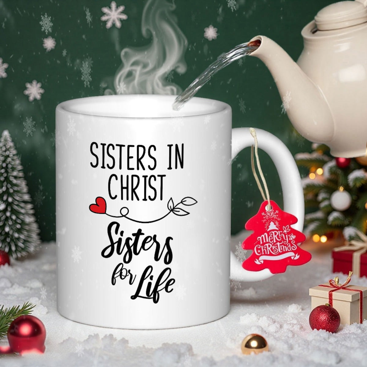 Tailorly White Ceramic 11 oz Mug - Sisters In Christ Sisters For Life Delicate Black Vine Flourish With A Small Red Heart