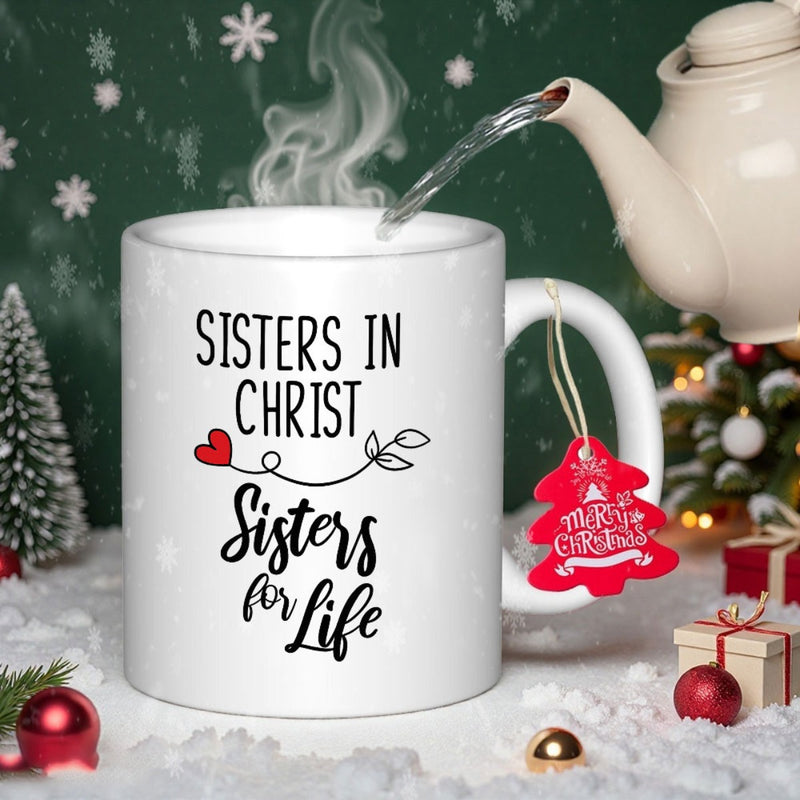 Tailorly White Ceramic 11 oz Mug - Sisters In Christ Sisters For Life Delicate Black Vine Flourish With A Small Red Heart