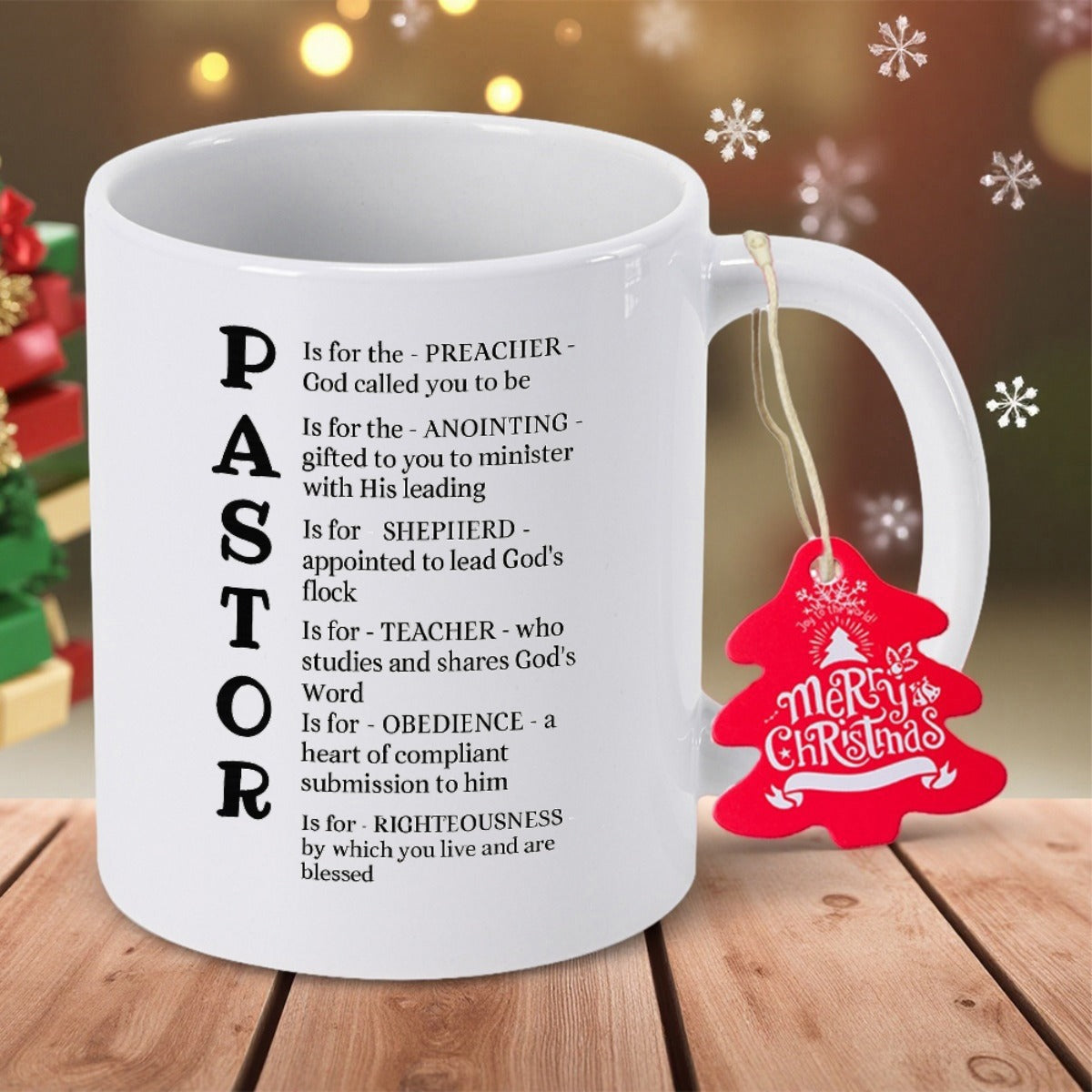 Tailorly White Ceramic 11 oz Mug - Pastor Preacher Anointing Shepherd Teacher Obedience Righteousness Merry Christmas Elegant Featuring Vertical Bold Black Printed