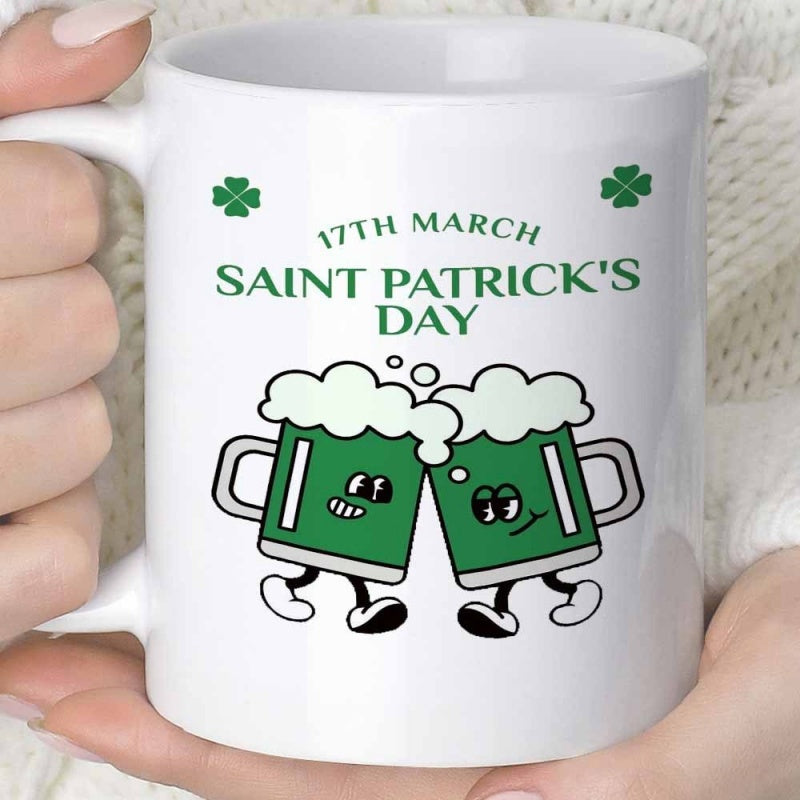 Tailorly White Ceramic 11 oz Mug - 17th March Saint Patrick's Day Two Green Clinking Beer Mugs With Cute Faces Dancing Happily Together Mug