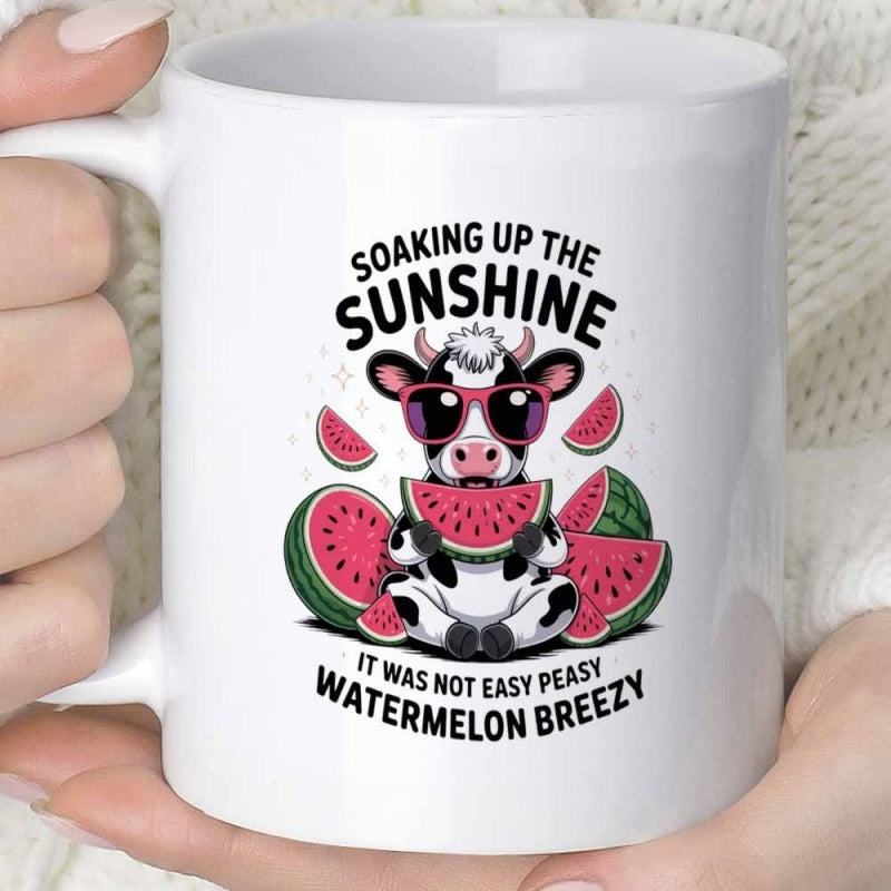 Tailorly White Ceramic 11 oz Mug - Soaking Up The Sunshine It Was Not Easy Peasy Watermelon Breezy Adorable Spotted Calf Wearing Vibrant Sunglasses Eating Fresh