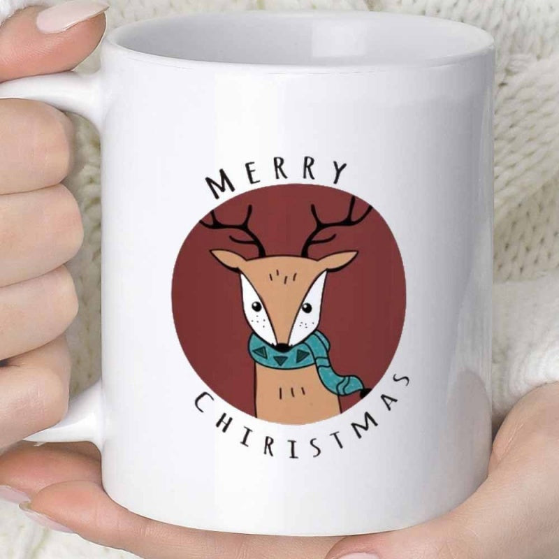 Tailorly White Ceramic 11 oz Mug - Merry Chiristmas Cute Cartoon Reindeer Wearing A Blue Scarf Inside Red Circle Reindeer