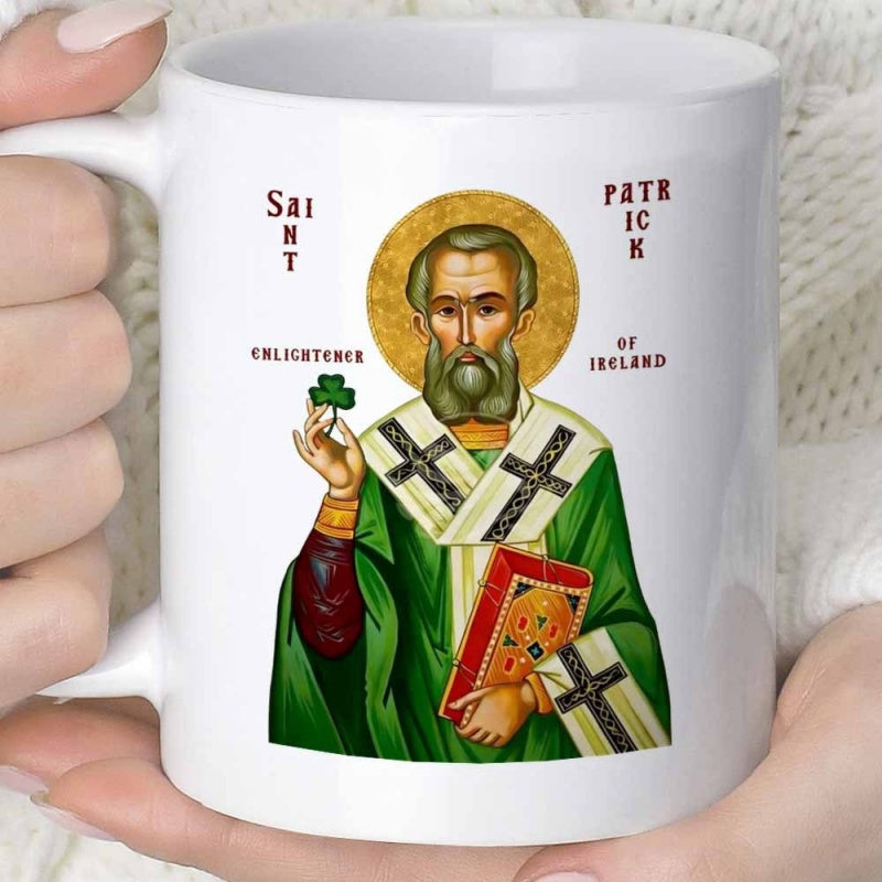 Tailorly White Ceramic 11 oz Mug - Saint Patrick Enlightener Of Ireland Traditional Religious Icon In Green Robes Holding A Shamrock And Book Saint Patrick