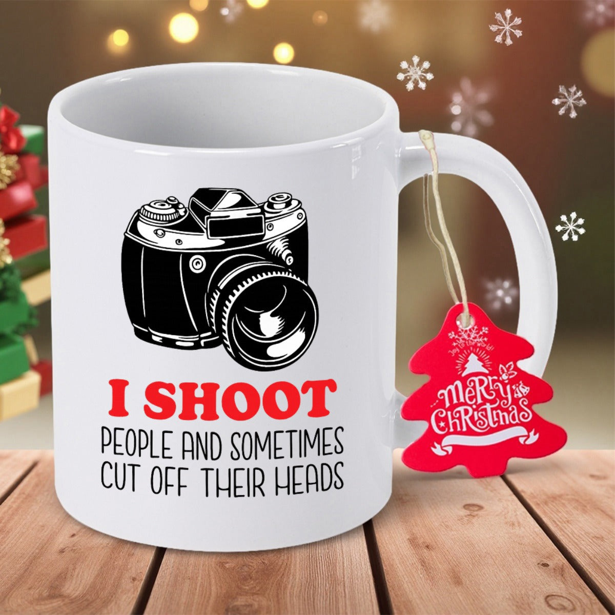 Tailorly White Ceramic 11 oz Mug - I Shoot People And Sometimes Cut Off Their Heads Classic Vintage Style Camera Illustration With Bold Artistic Typography Camera