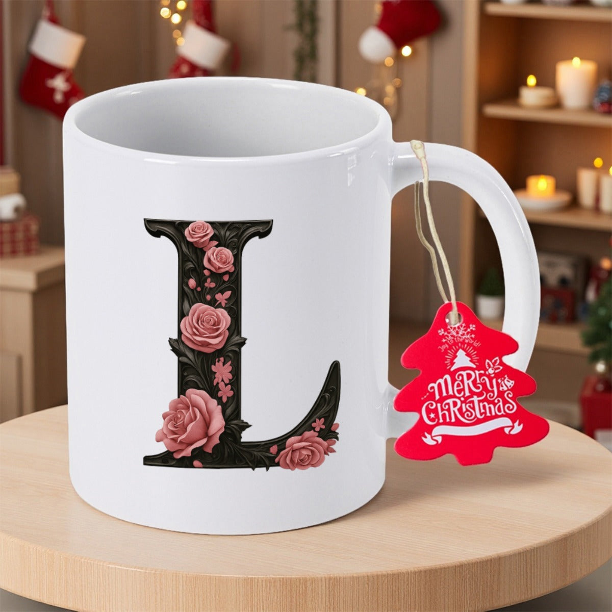 Tailorly White Ceramic 11 oz Mug - L Elegant Black Serif Character Filled With Delicate Pink Roses And Floral Letter