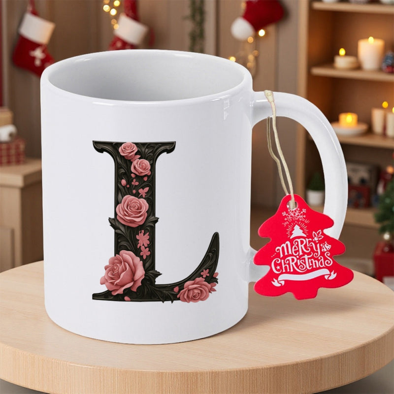 Tailorly White Ceramic 11 oz Mug - L Elegant Black Serif Character Filled With Delicate Pink Roses And Floral Letter