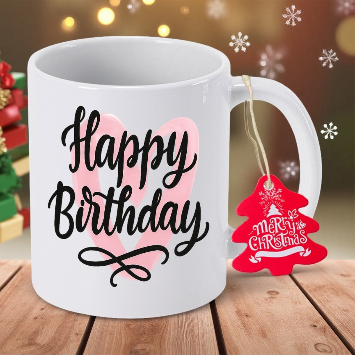 Tailorly White Ceramic 11 oz Mug - Happy Birthday Stylish Hand Lettered Script Overlaying Soft Pink Heart Ceramic Mug