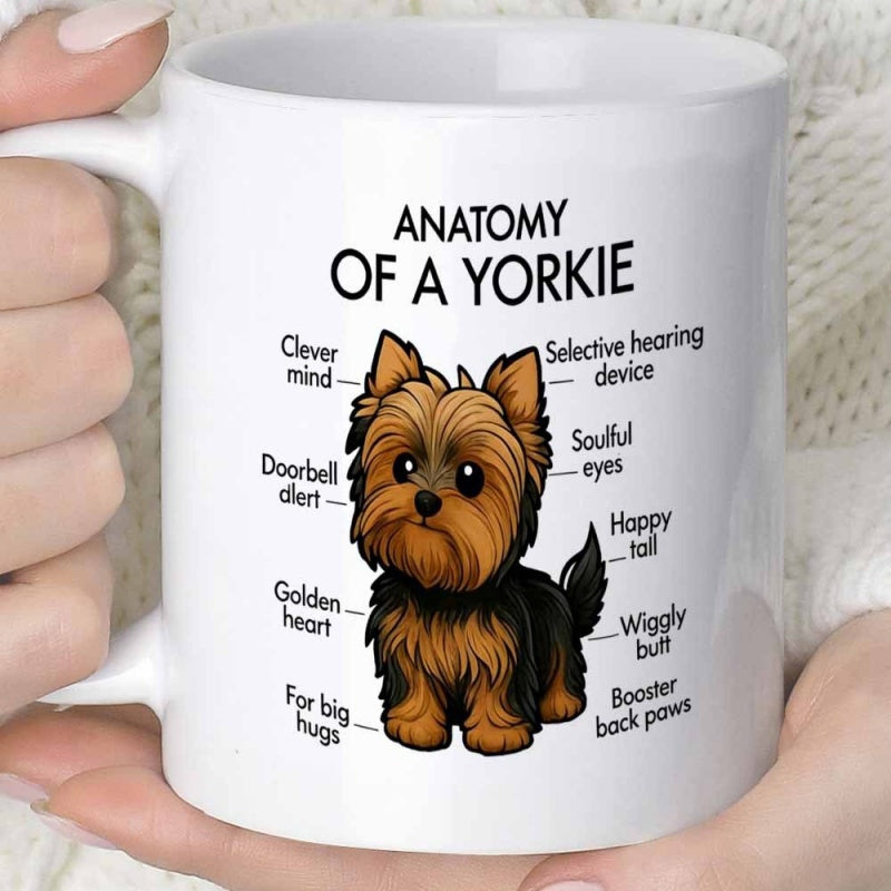 Tailorly White Ceramic 11 oz Mug - Anatomy Of A Yorkie Cute Cartoon Dog With Pointed Ears And Fluffy Brown Fur Yorkie