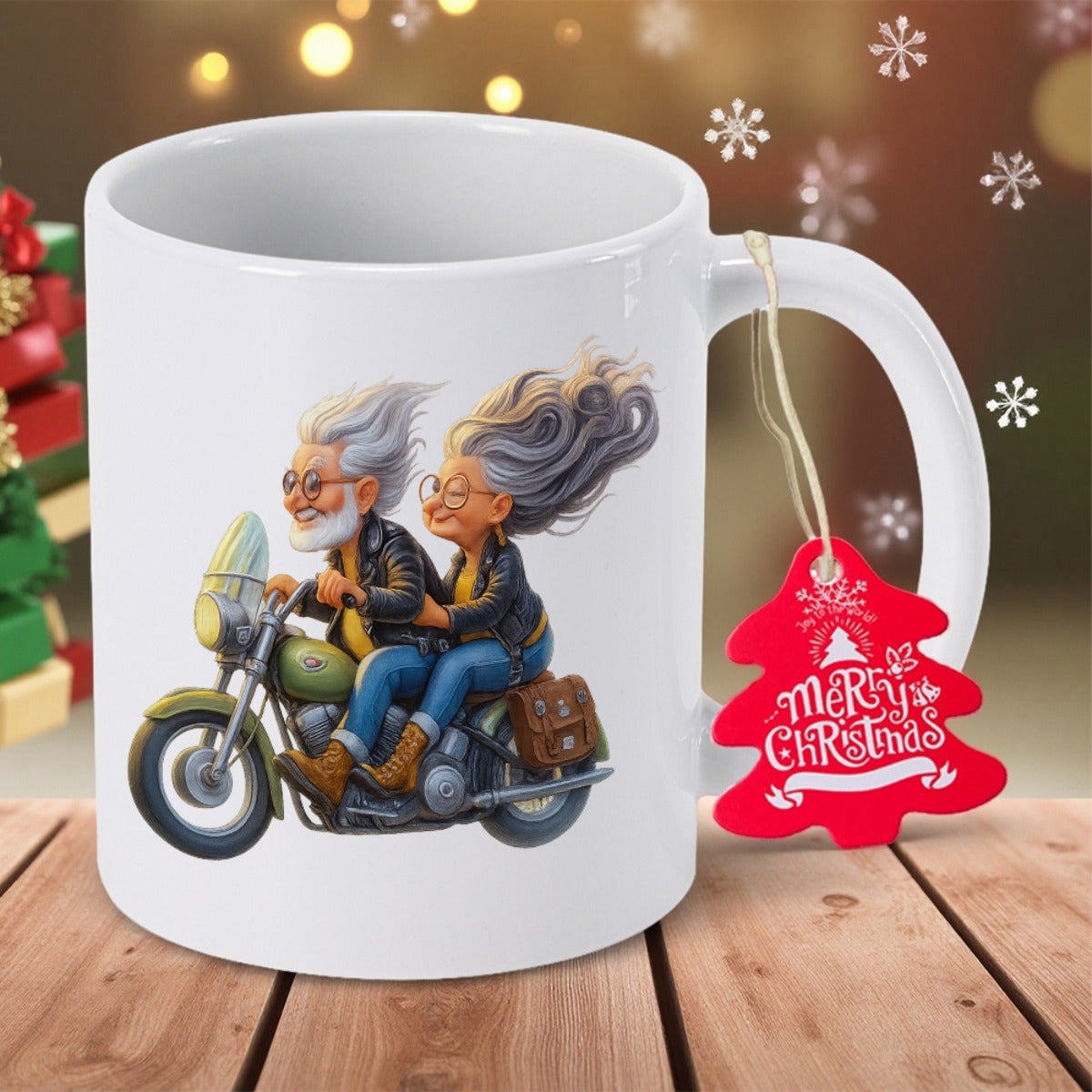 Tailorly White Ceramic 11 oz Mug - Merry Christmas Elderly Couple With Flowing White Hair Riding A Vintage Green Motorcycle