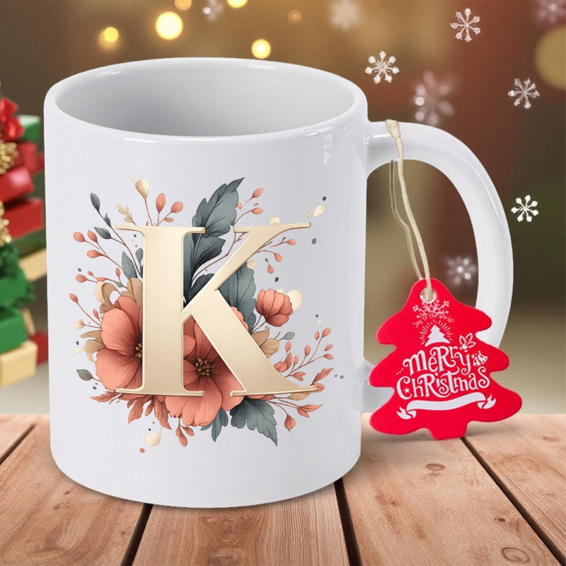 Tailorly White Ceramic 11 oz Mug - Merry Christmas Elegant Golden Letter K Surrounded By Soft Pastel Floral Blossoms And Leaves Mug