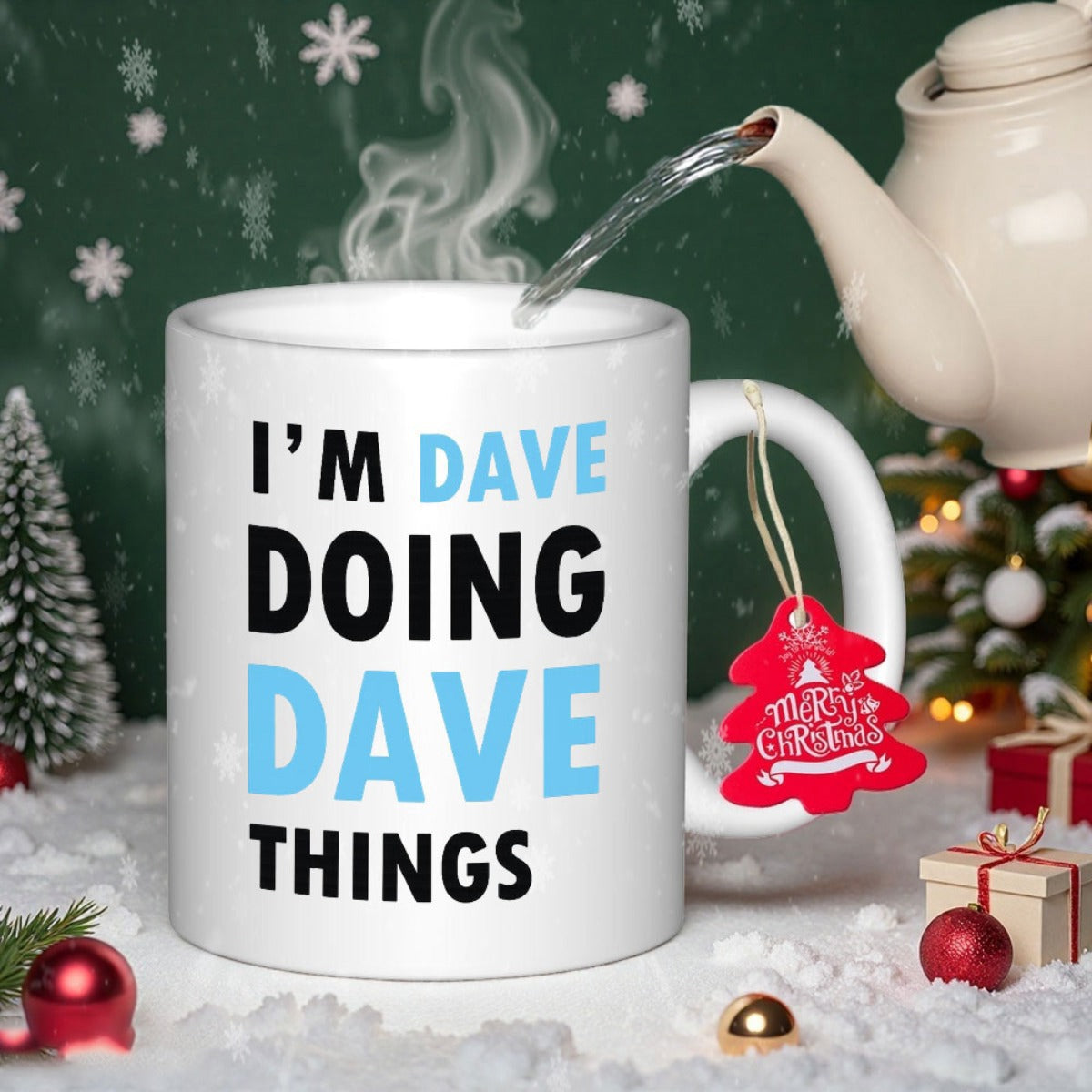 Tailorly White Ceramic 11 oz Mug - Im Dave Doing Dave Things White Ceramic Vessel Placed Amidst Snowy Festive Holiday Winter Background Scene Mug