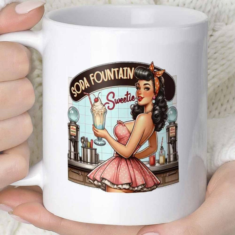 Tailorly White Ceramic 11 oz Mug - Soda Fountain Sweetie Vintage Style Woman Holding Milkshake In Retro Diner Setting Woman
