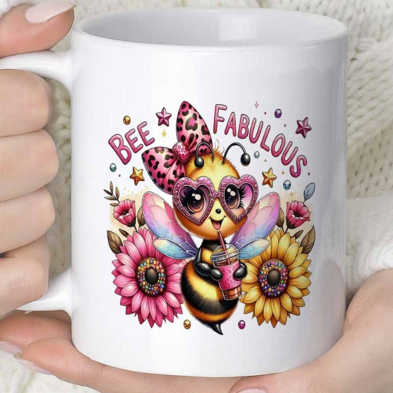 Tailorly White Ceramic 11 oz Mug - Bee Fabulous Adorable Cartoon Bumblebee Wearing Pink Bow And Heart Sunglasses Bee