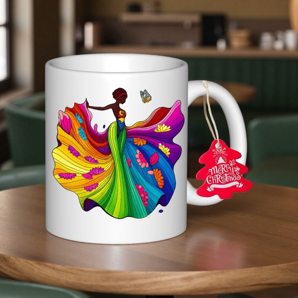 Tailorly White Ceramic 11 oz Mug - Merry Christmas Vibrant Flowing Rainbow Gown With Elegant Silhouette Among Colorful Petals Woman