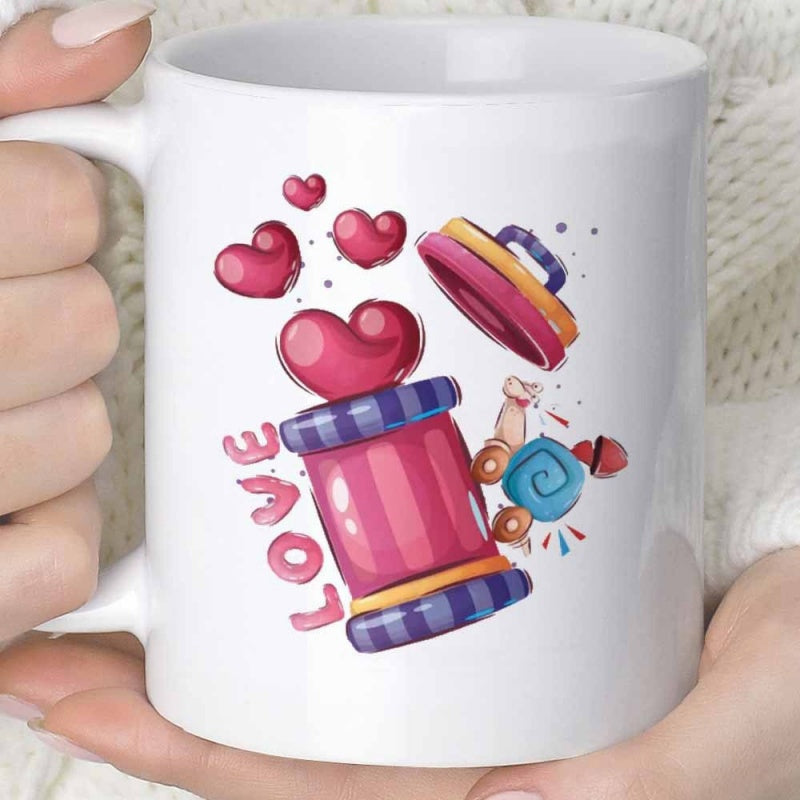 Tailorly White Ceramic 11 oz Mug - Love Pink Striped Container With Floating Hearts And Sweet Candies Jar