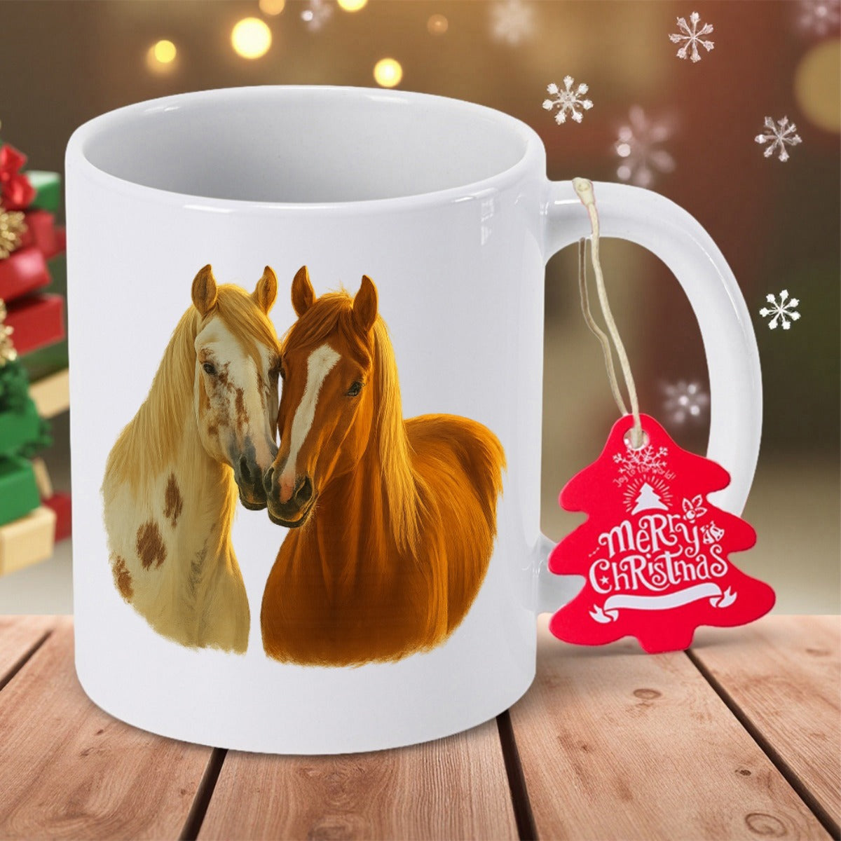 Tailorly White Ceramic 11 oz Mug - Merry Christmas Elegant Golden And Chestnut Pair Standing Close In Warm Glowing Light Horse