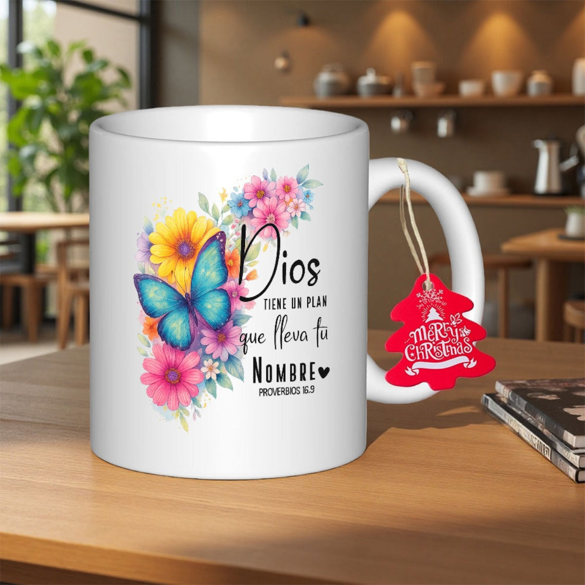 Tailorly White Ceramic 11 oz Mug - Merry Christmas Vibrant Blue Wings Resting Among Colorful Blooming Sunflowers And Petals Butterfly