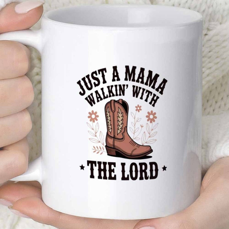 Tailorly White Ceramic 11 oz Mug - Just A Mama Walkin With The Lord Rustic Brown Cowboy Boot Decorated With Subtle Flowers And Delicate Leaves Boot