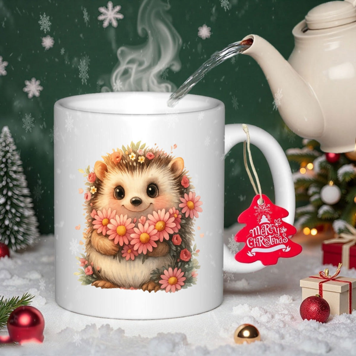 Tailorly White Ceramic 11 oz Mug - Merry Christmas Adorable Tiny Creature Holding A Bouquet Of Soft Pink Flowers Hedgehog